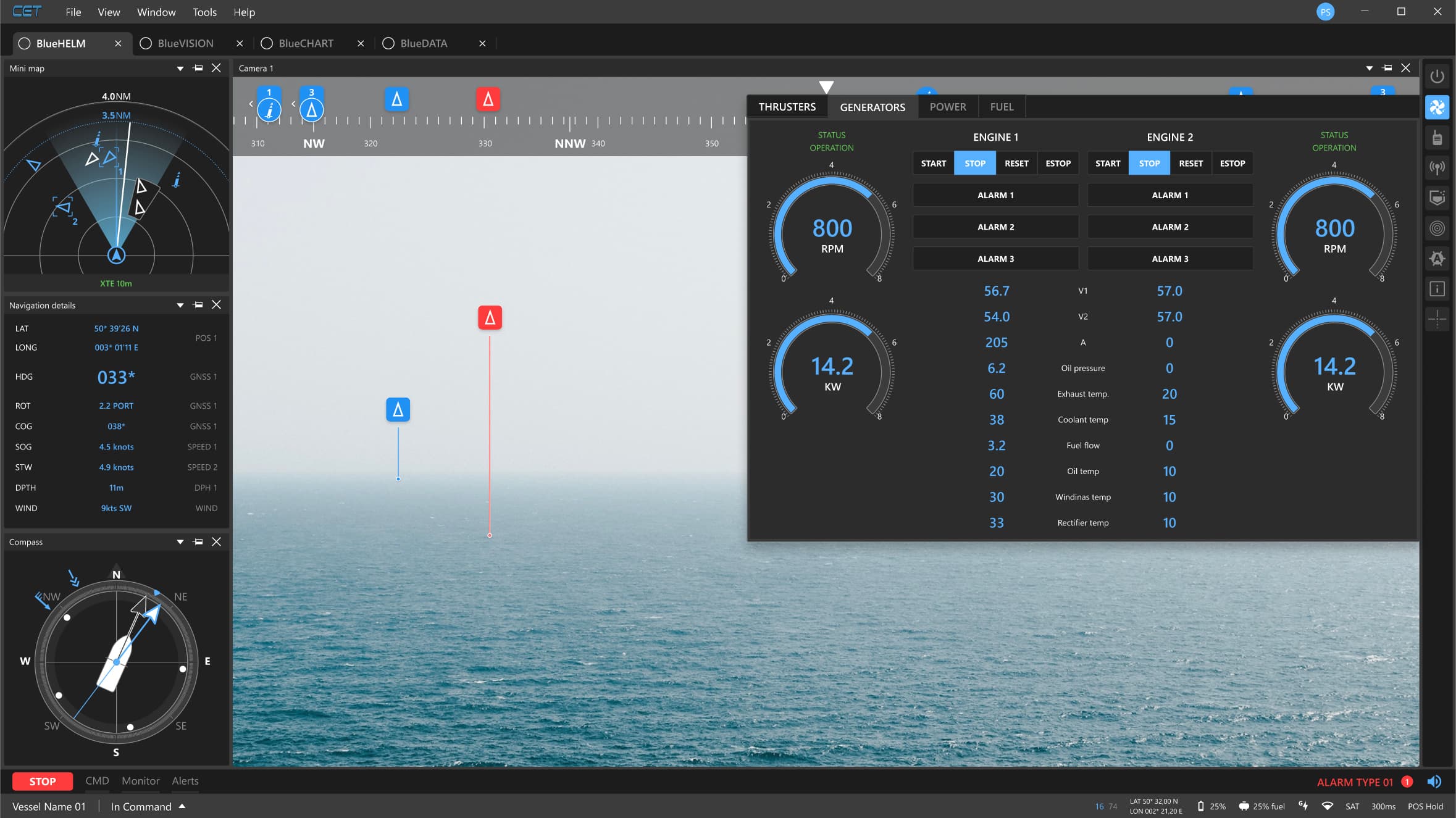 BlueHelm command and control interface — live vessel telemetry